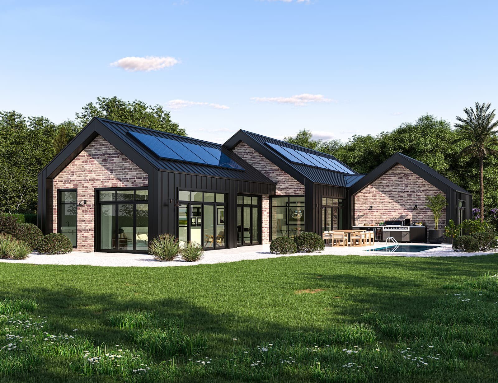 Red brown brick home with feature black cladding & roofing. House plans available through Whitechurch Construction, Te Awamutu Builders.