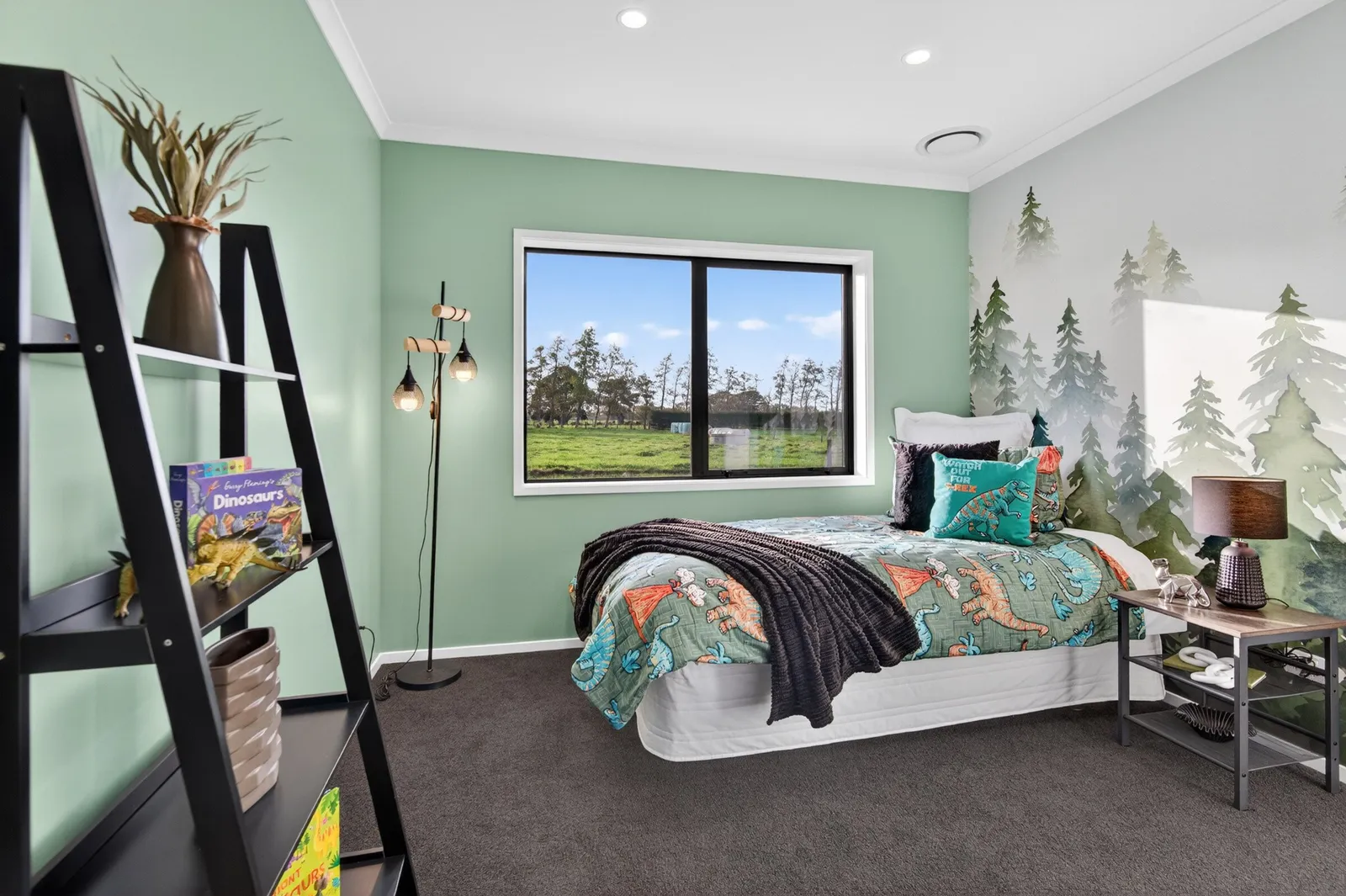 Green painted & forest wallpapered kids bedroom in Gordonton Road new build by Whitechurch Construction, Te Awamutu builders.